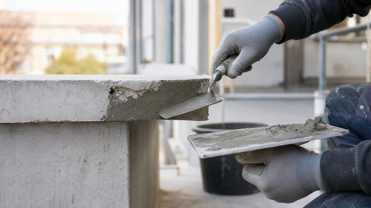 Vakman repareert een afgebrokkelde betonnen rand met reparatiemortel.