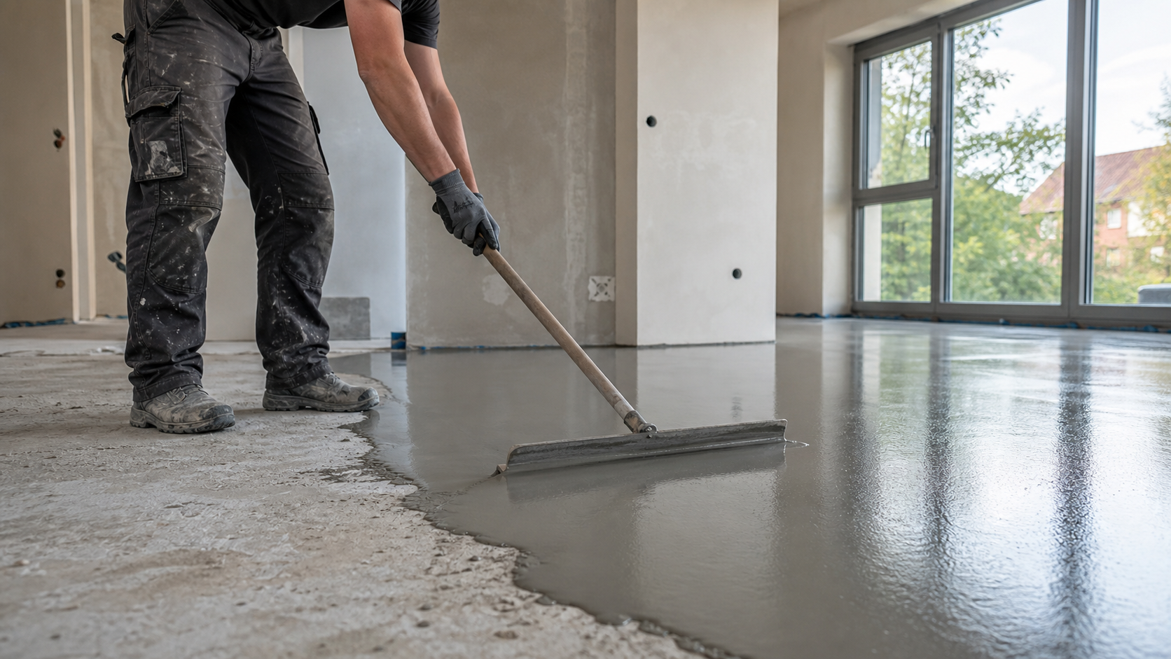Vakman brengt egalisatiemortel aan op een ruwe ondervloer.