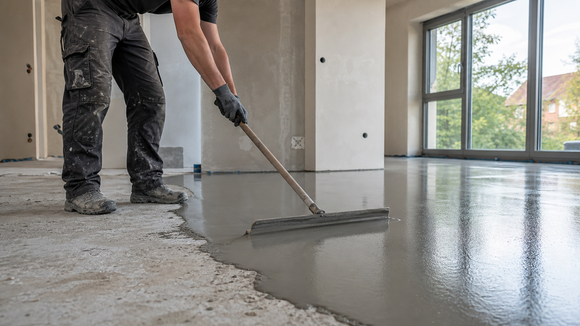 Vakman brengt egalisatiemortel aan op een ruwe ondervloer.