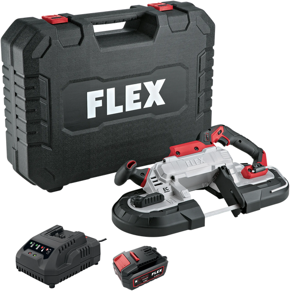 FLEX SBE 127 18-EC + WB SBE 127 – Accu bandzaag 18 V met werktafel + accu 5,0 Ah met laadapparaat