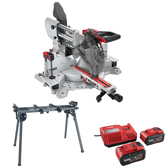 FLEX SMS 305 18-EC + P-Set 18-88 R + WB 110-260 – Accu-afkort-trekzaag 18 V met onderstel