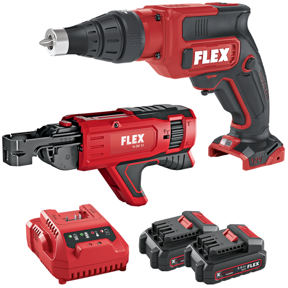 FLEX DW 37 12-EC C + M-DW 55 + P-Set 12-22 Q – Accu-droogbouwschroever 18,0 V met schroefmagazijn voorzetstuk