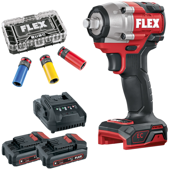FLEX IW 1/2" 400 18-EC C + P-Set 22 Q + IPS D17-21 1/2" Set – Compacte 18 V accuslagmoersleutel met slagdoppenset