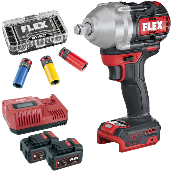 FLEX IW 1/2" 750 18-EC C + P-Set 55 R + IPS D17-21 1/2" Set – Accuslagmoersleutel 18,0 V met slagmoerdoppenset