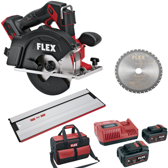 FLEX CSM 57 18-EC + P-Set 55 R + GRS 80 – 18 V accu metaalcirkelzaag + geleiderail